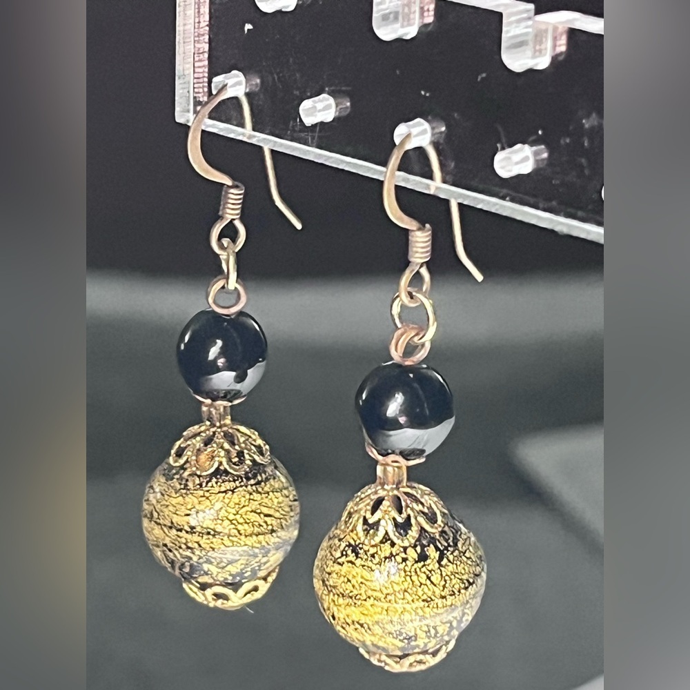 Vintage Gold and Black Spherical Bead Earrings